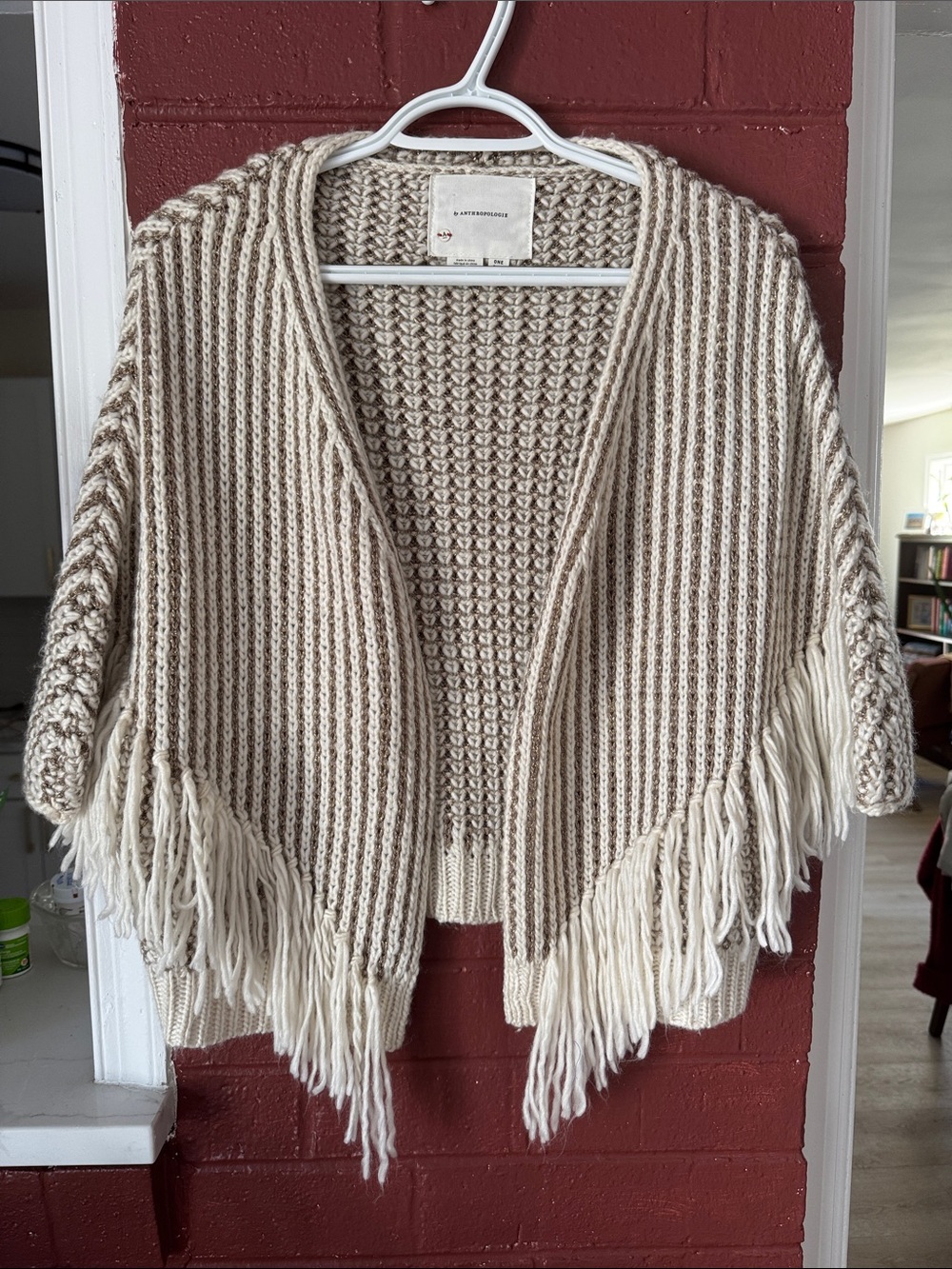 Anthropologie Fringe-Trim Open-Front Knit Poncho Sweater in Cream and Gold OS